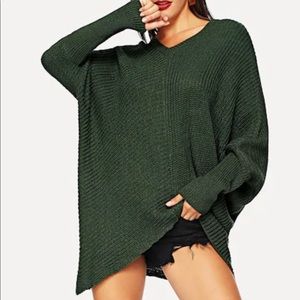 Oversized Long Sleeves V Neck Sweater Green